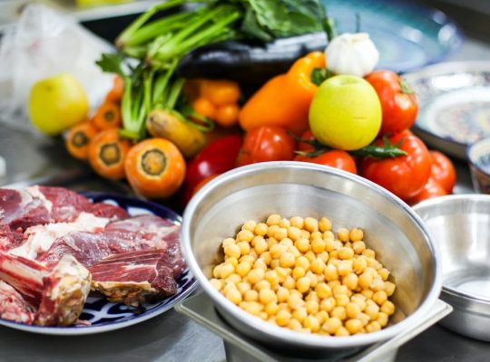 Vegetables and lamb on a plates
