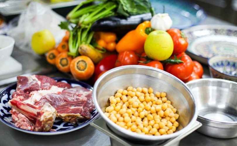 Vegetables and lamb on a plates